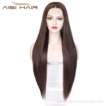 Aisi Hair 26 Inch Long Silky Straight Brown Wig Middle Part Lace Front Wig Synthetic Front Lace Hair Wigs For White Black Women